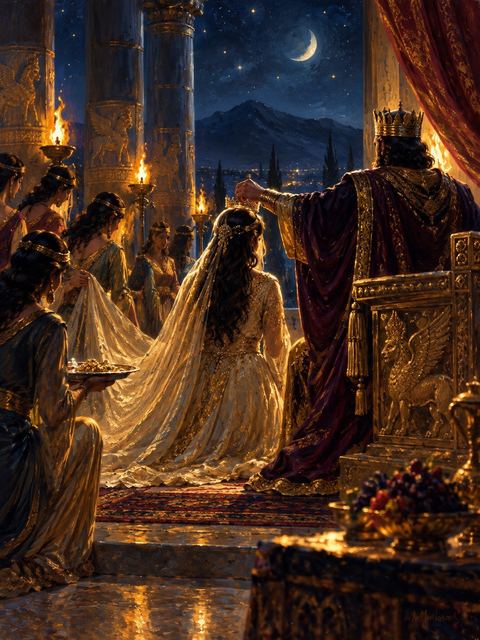 Illustration — not a likeness; generated for Gospel Companion in the app's painting style — Ahasuerus