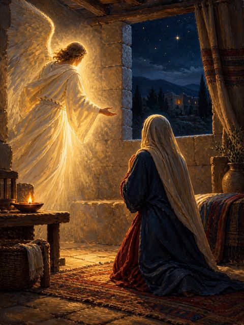 Illustration — not a likeness; generated for Gospel Companion in the app's painting style — Mary