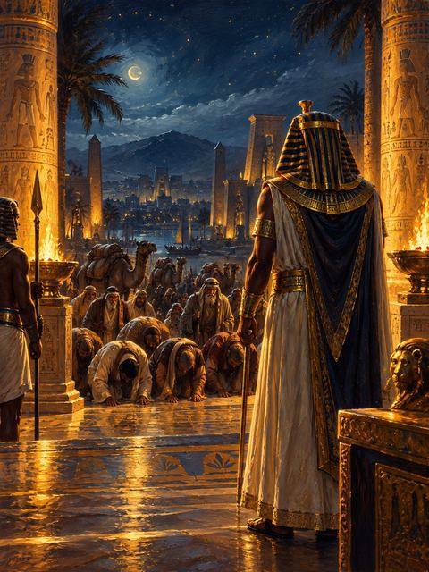 Illustration — not a likeness; generated for Gospel Companion in the app's painting style — Pharaoh