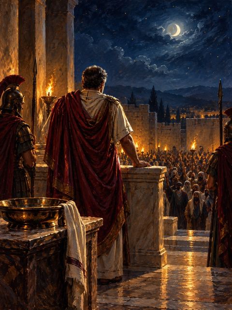 Illustration — not a likeness; generated for Gospel Companion in the app's painting style — Pilate