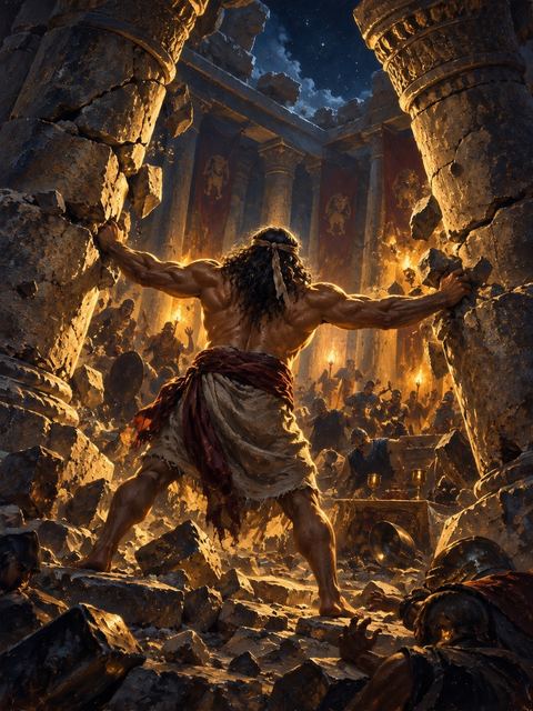 Illustration — not a likeness; generated for Gospel Companion in the app's painting style — Samson