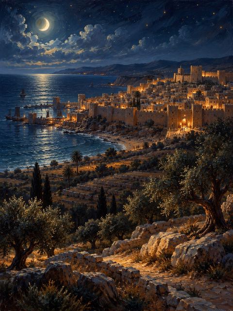Illustration — not a likeness; generated for Gospel Companion in the app's painting style — Ashkelon