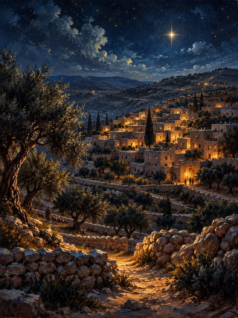 Illustration — not a likeness; generated for Gospel Companion in the app's painting style — Bethlehem
