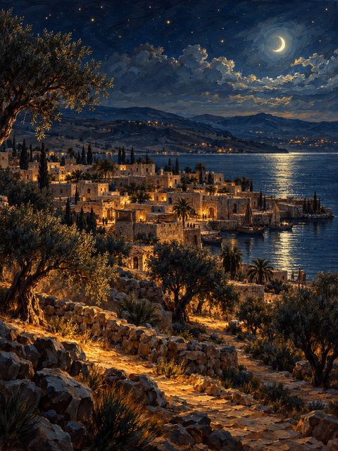 Illustration — not a likeness; generated for Gospel Companion in the app's painting style — Capernaum