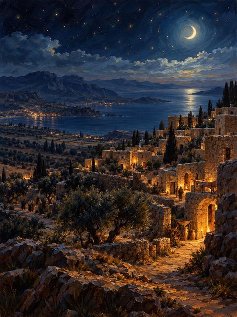 Illustration — not a likeness; generated for Gospel Companion in the app's painting style — Greece