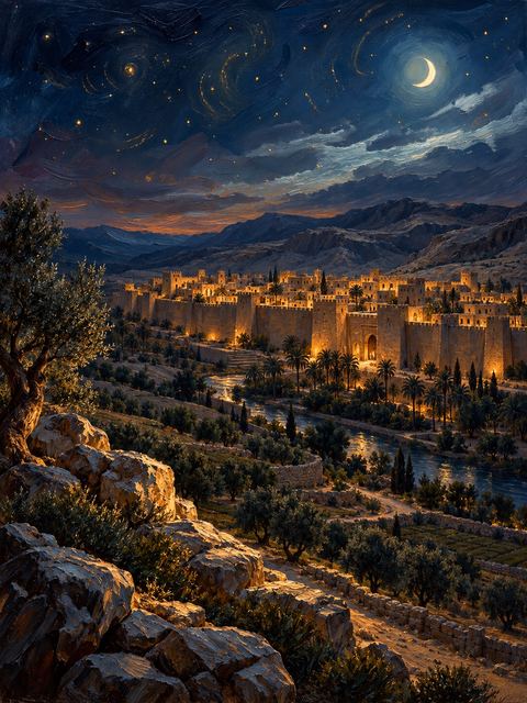 Illustration — not a likeness; generated for Gospel Companion in the app's painting style — Jericho