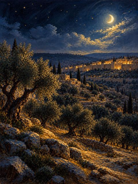 Illustration — not a likeness; generated for Gospel Companion in the app's painting style — Mount Olives