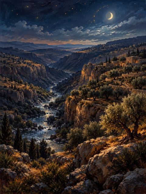 Illustration — not a likeness; generated for Gospel Companion in the app's painting style — Valley of the Arnon