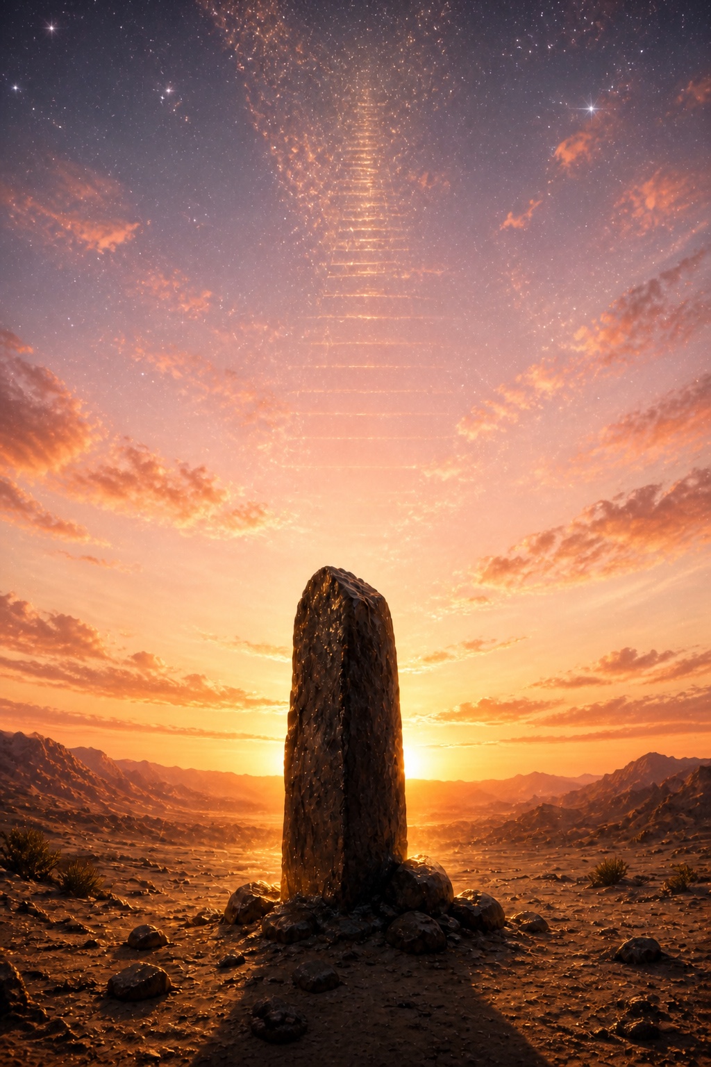 The standing stone at dawn, the staircase fading in the morning sky
