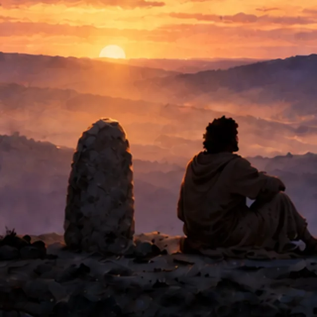 The stone Jacob slept on, set up as a pillar at dawn